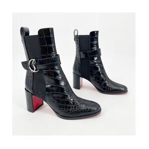 NWOB Christian Louboutin CL Chelsea Booty Black Croc Embossed Ankle Boots EU 37